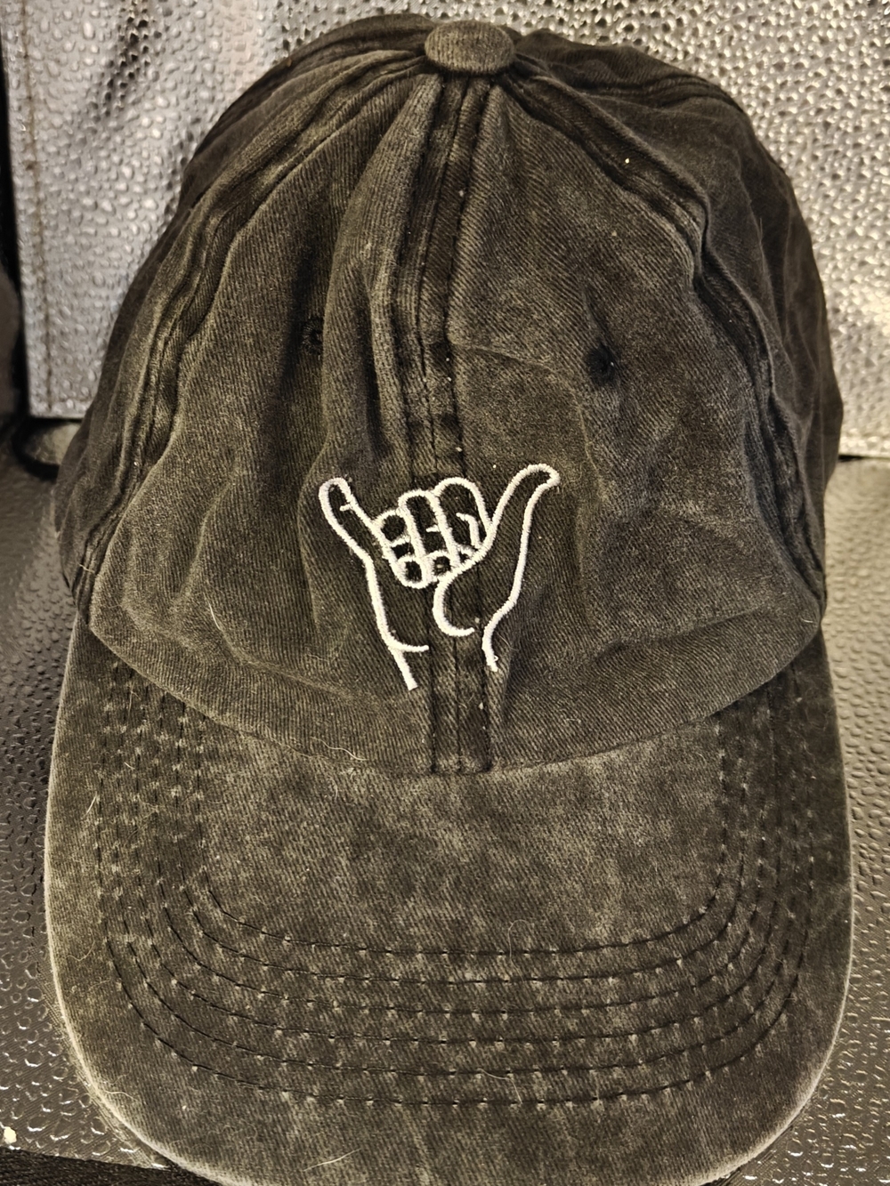 Vintage Washed Black Dad Hat with Embroidered Shaka Hand